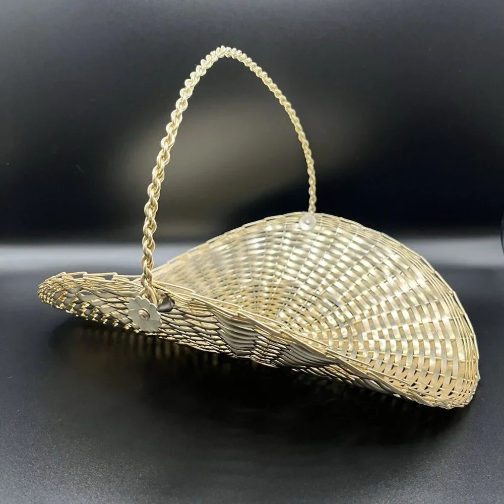 Vintage 60s Woven Metal Basket MCM Hollywood Regency Gold Tone Decorative Atomic